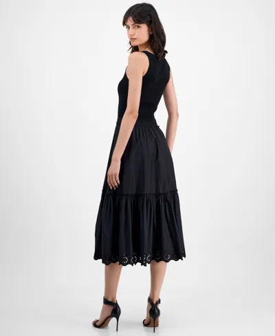 T Tahari Women's Ribbed Tiered-skirt Embroidered-hem Midi Dress