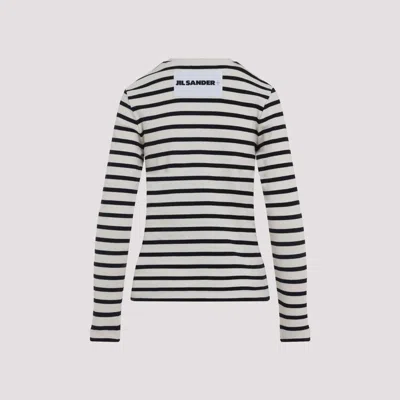 Jil Sander Fine Ribbed Off-white And Black Crew Neck Sweater In Black