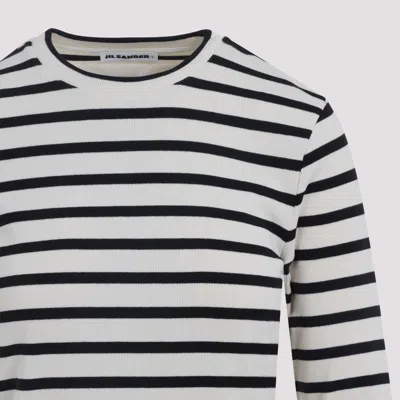 Jil Sander Fine Ribbed Off-white And Black Crew Neck Sweater In Black