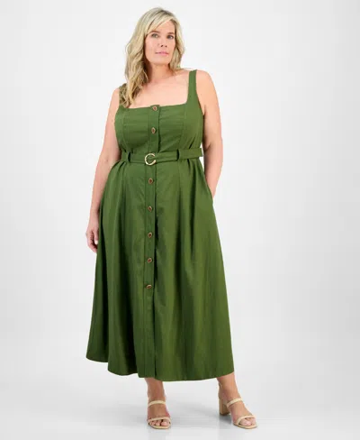 Taylor Plus Size Square-neck Belted Button-front Dress