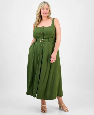 Taylor Plus Size Square-neck Belted Button-front Dress