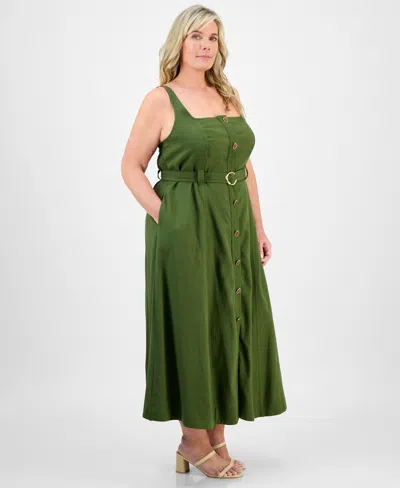 Taylor Plus Size Square-neck Belted Button-front Dress