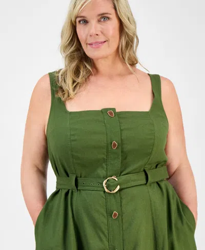 Taylor Plus Size Square-neck Belted Button-front Dress
