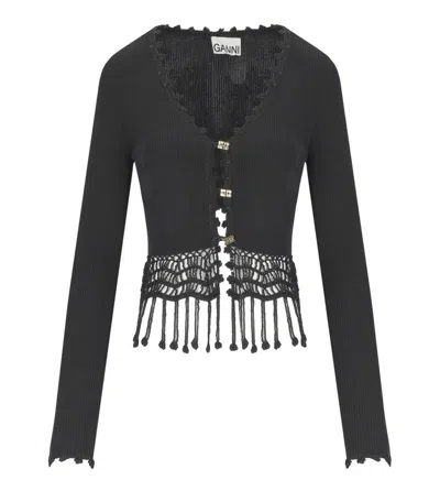 Ganni Black Shiny Viscose Crochet Cardigan In Black