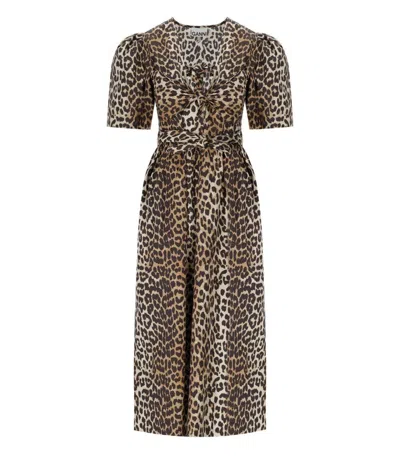 Ganni Belted Bow-embellished Leopard-print Cotton-poplin Midi Dress In Multi