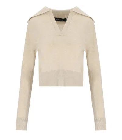 Federica Tosi Polo Pull Sweater With Classic Collar And Ribbed Hem In Neutral