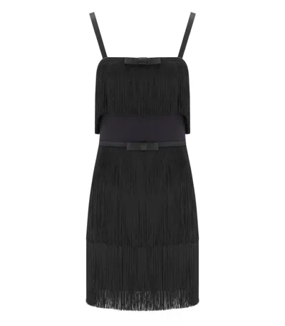Elisabetta Franchi Fringed Dress With Adjustable Straps And Bow Accents In Black