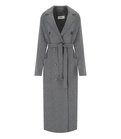 Elisabetta Franchi Steel Melange Belted Coat In Gray