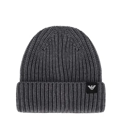 Emporio Armani Dark Grey Ribbed Beanie In Gray