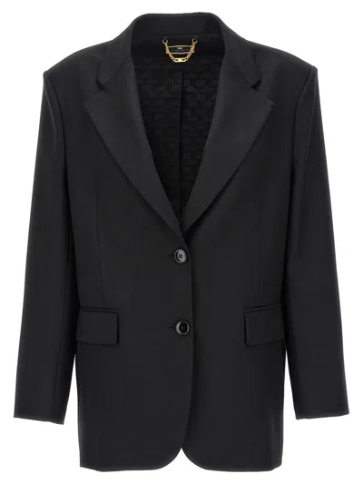 Elisabetta Franchi Double-breasted Wool Blazer With Flap Pockets In Black