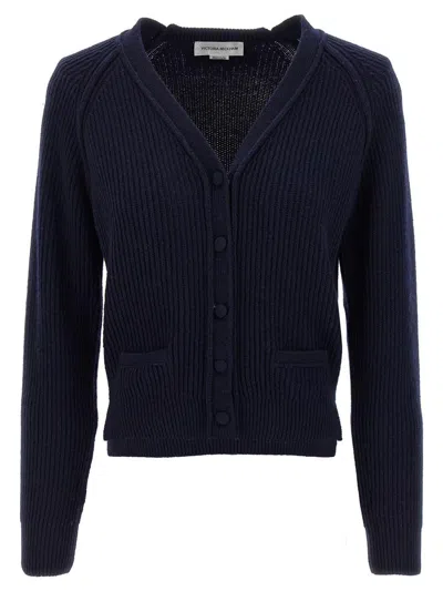 Victoria Beckham Navy Blue Stepped Hem Cardigan In Blue