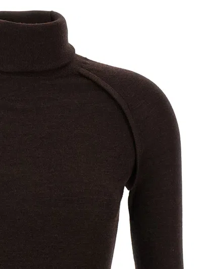 Victoria Beckham Brown Turtleneck Sweater With Logo Patch On The Sleeve In Cotton Blend Woman In Black