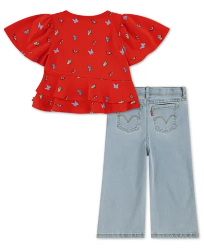Levi's Toddler Girls 2-piece Peplum Top And Wide Jeans Set In Red