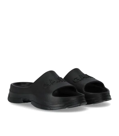 Ganni Logo-embossed Chunky Slides In Black