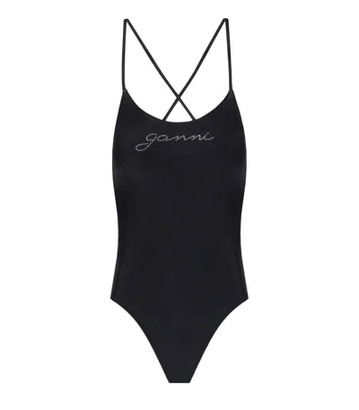 Ganni Black Swimsuit With Logo In Black