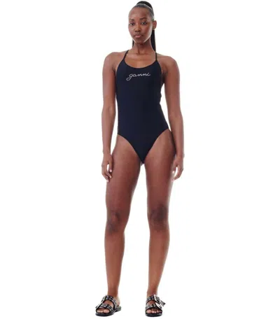 Ganni Black Swimsuit With Logo In Black