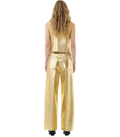 Ganni Gold Vest With Branded Buttons In Laminated Denim Woman In Gold