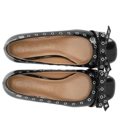 Ganni Black Patent Ballet Flat Shoe With Bows In Black