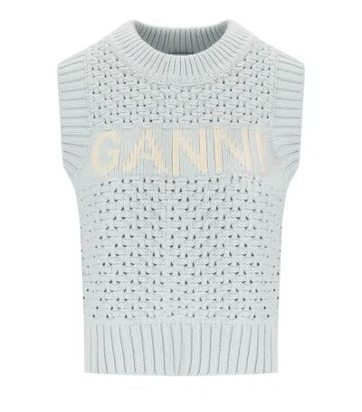 Ganni Textured Organic Cotton Blend Sweater Vest In Blue