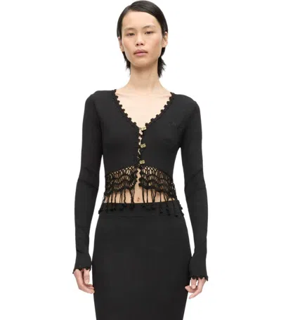 Ganni Black Shiny Viscose Crochet Cardigan In Black