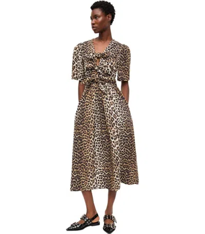 Ganni Belted Bow-embellished Leopard-print Cotton-poplin Midi Dress In Multi