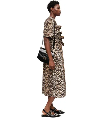 Ganni Belted Bow-embellished Leopard-print Cotton-poplin Midi Dress In Multi
