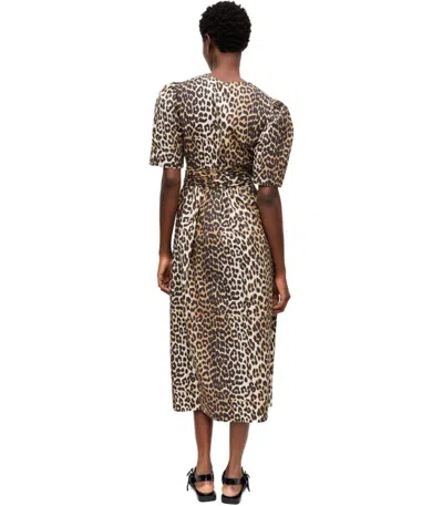 Ganni Belted Bow-embellished Leopard-print Cotton-poplin Midi Dress In Multi