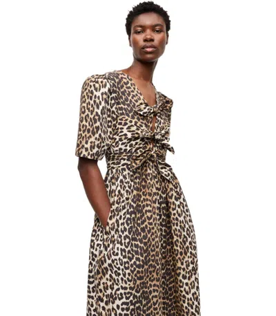 Ganni Belted Bow-embellished Leopard-print Cotton-poplin Midi Dress In Multi