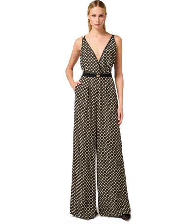 Elisabetta Franchi Black Pattern Jumpsuit With Rear Crossover Neck In Black
