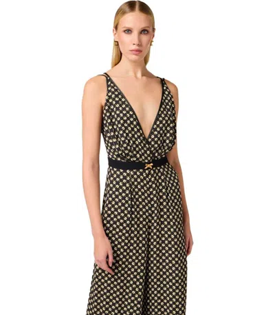 Elisabetta Franchi Black Pattern Jumpsuit With Rear Crossover Neck In Black