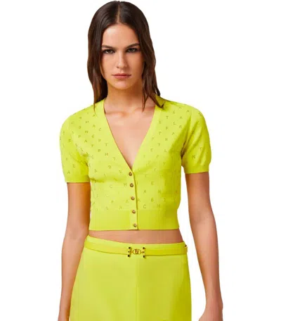 Elisabetta Franchi Cedar Cropped Cardigan With Rhinestones In Yellow