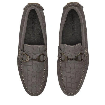 Shop Jimmy Choo Brogan Iron Grey Croc Printed Dry Suede Driving Shoes