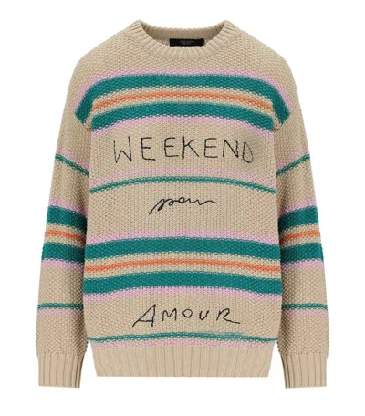 Weekend Max Mara Angus Beige Crewneck Sweater With Embroidery In Brown