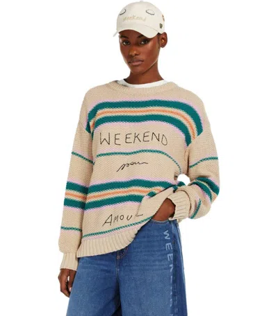 Weekend Max Mara Angus Beige Crewneck Sweater With Embroidery In Brown
