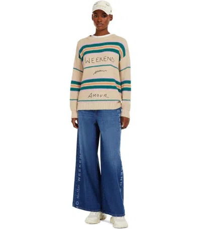 Weekend Max Mara Angus Beige Crewneck Sweater With Embroidery In Brown