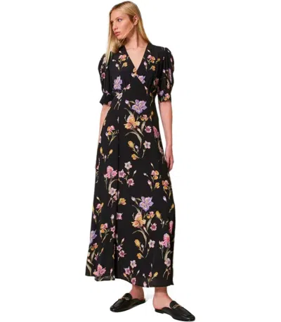 Twinset Floral-print Satin Maxi Dress In Black
