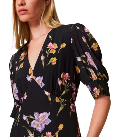 Twinset Floral-print Satin Maxi Dress In Black