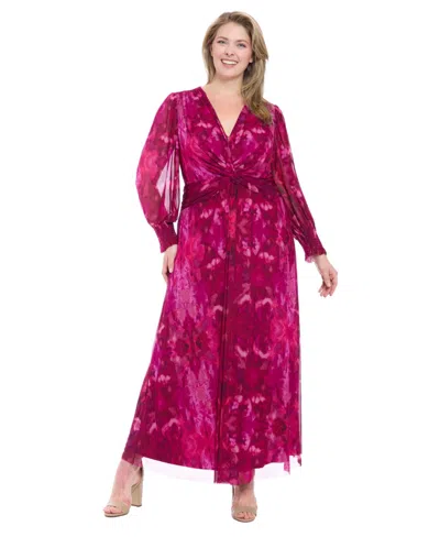 London Times Plus Size Bishop-sleeve Mesh Maxi Dress