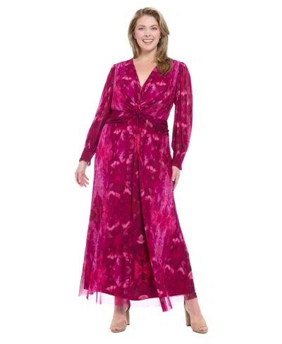 London Times Plus Size Bishop-sleeve Mesh Maxi Dress
