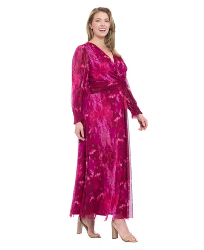 London Times Plus Size Bishop-sleeve Mesh Maxi Dress