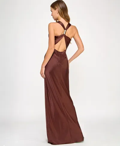 Seni & Cade Juniors' Satin Cowl-neck Halter Gown
