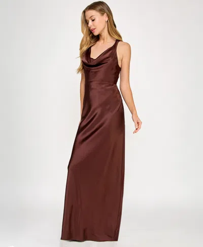 Seni & Cade Juniors' Satin Cowl-neck Halter Gown