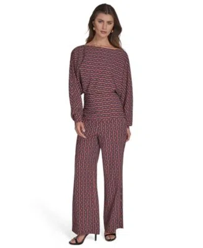 Halston Womens Printed Commuter Dolman Sleeve Top Commuter Printed Wide Leg Pants In Burgundy