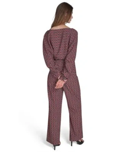 Halston Womens Printed Commuter Dolman Sleeve Top Commuter Printed Wide Leg Pants In Burgundy