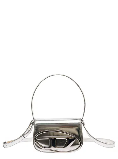 Diesel '1dr' Silver-tone Shoulder Bag With Oval D Patch In Lamintaed Leather Woman