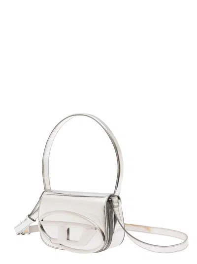 Diesel '1dr' Silver-tone Shoulder Bag With Oval D Patch In Lamintaed Leather Woman