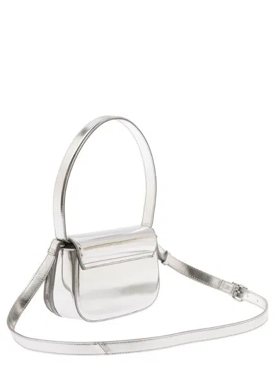 Diesel '1dr' Silver-tone Shoulder Bag With Oval D Patch In Lamintaed Leather Woman