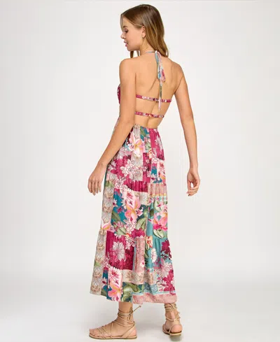 Katia Rae Juniors' Metallic Mixed-print Maxi Dress