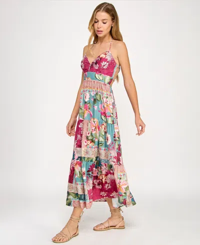 Katia Rae Juniors' Metallic Mixed-print Maxi Dress