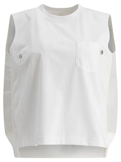 Sacai Cotton Jersey And Nylon Twill Tank Top Tops White In White